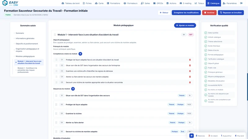Module pédagogique SST avec compétences visées, séquences, types et durées.