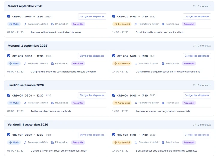 Planning Easy CRM d’une formation commerciale : huit créneaux sur quatre journées, avec séquences, salles et formateurs.
