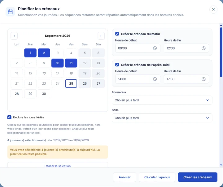 Calendrier Easy CRM : journées sélectionnées, horaires du matin et de l’après-midi, formateur et salle à affecter.
