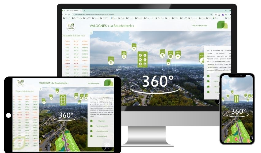 Visuels page Visite virtuel TDAVENIR - resposive Illustration de l'application de visite de lotissement immersive 360° avec prise de vue par drone responsive dans un grand écran, un écran de tablette et un écran de smartphone