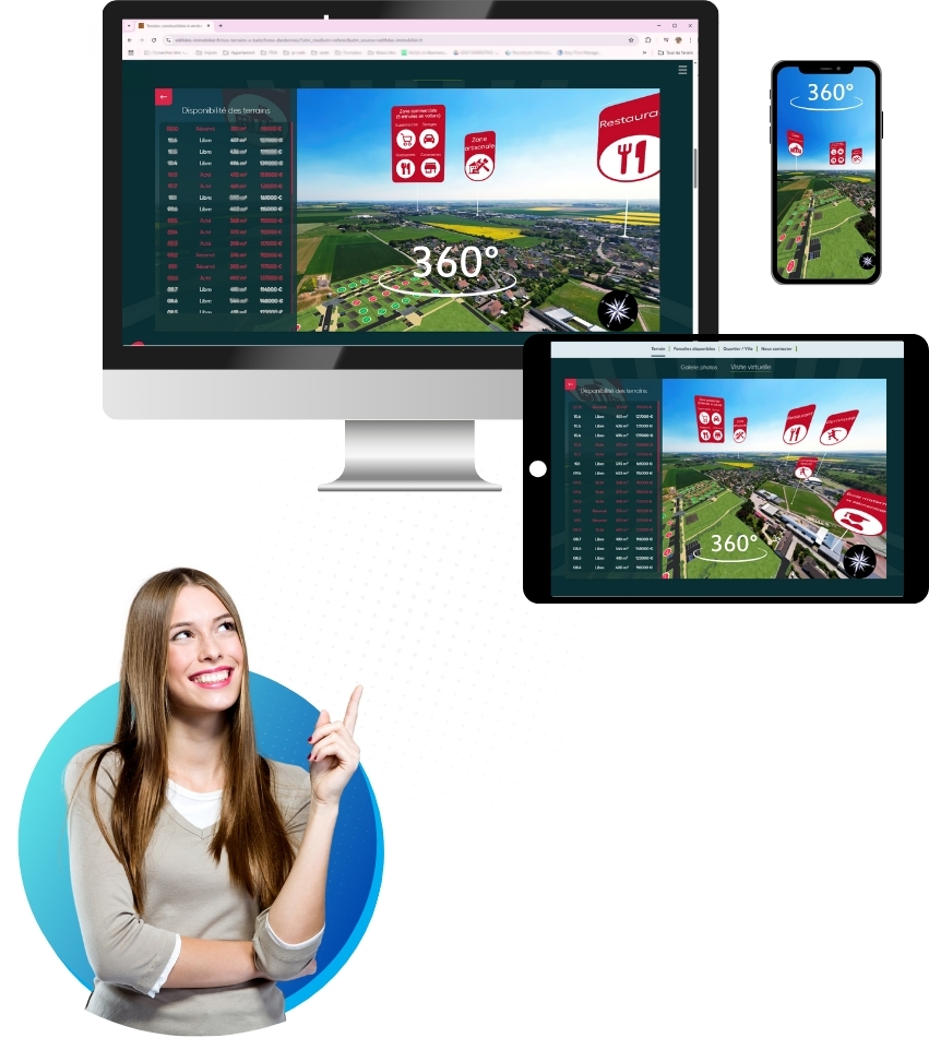 Une navigation immersive et informative pour vos acheteurs Illustration montrant une acheteuse potentielle satisfaite de l'application de visite virtuelle de lotissement et la visite virtuelle de lotissement en mode responsive dans un grand écran, un écran de tablette et un écran de smartphone