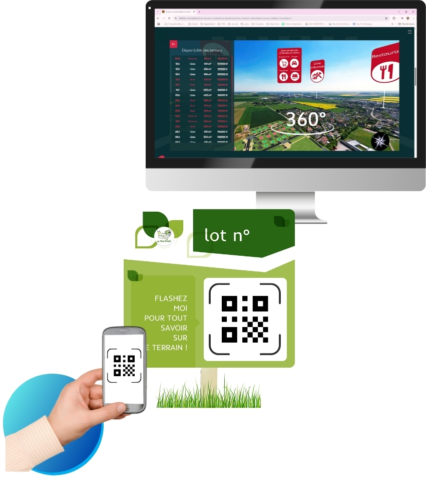 Illustration montrant un acheteur potentiel de terrain constructible qui scanne avec son smartphone une étiquette PDF graphique sur mesure sur laquelle apparaît un QR code qui ouvre automatiquement  l'application de visite virtuelle de lotissement