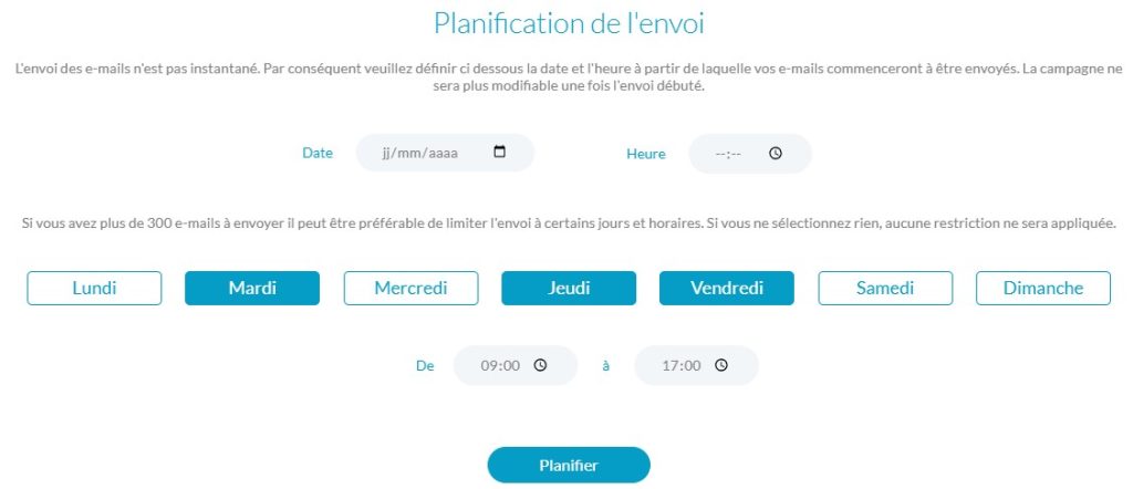 Écran de planification d’envoi d’une campagne emailing dans Easy CRM Formation Continue