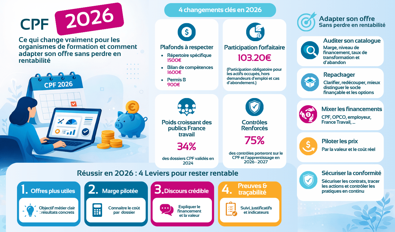 Infographie CPF 2026 formation professionnelle : plafonds, reste à charge, France Travail, contrôles, stratégie offre, financement et rentabilité OF
