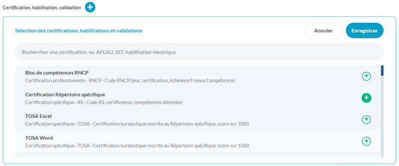 Référentiel des certifications, habilitations et validations avec recherche et bouton d’ajout pour associer une référence à un module de formation.