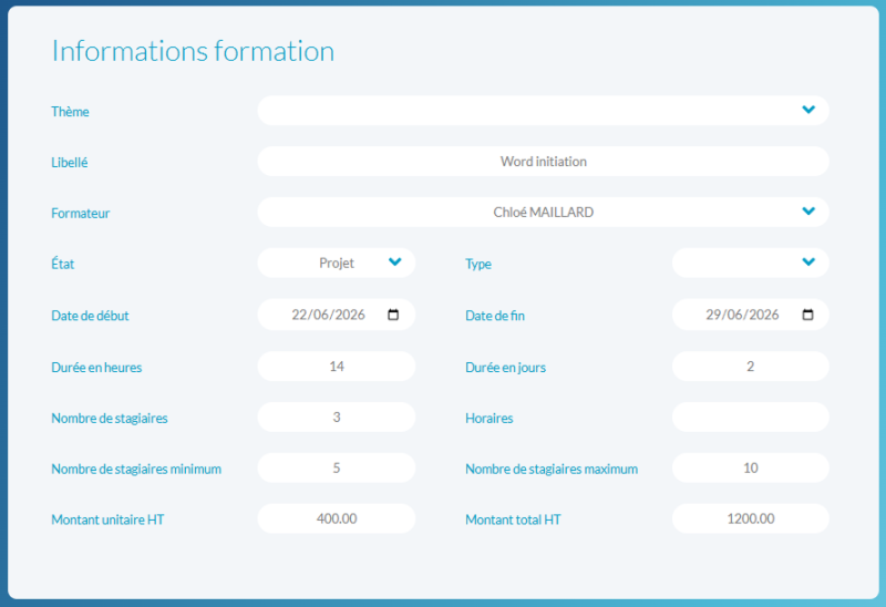 Écran de planification des dates, lieux, salles et formateurs dans le logiciel de gestion pour centre de formation Easy CRM Formation Continue.