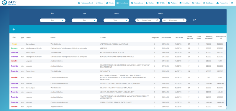 Vue d’ensemble des formations inter dans un logiciel de gestion pour centre de formation, avec statuts, clients inscrits, dates, durées, apprenants et montants.