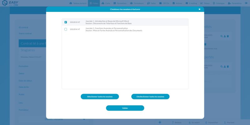 Fenêtre de sélection des sessions à facturer dans Easy CRM Formation Continue, avec choix des sessions à inclure dans la facture.